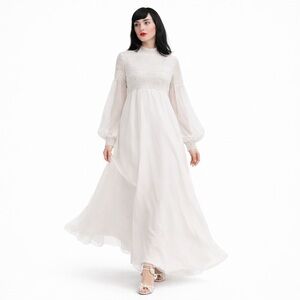 1960s Vintage Wedding Dress Edwardian Lace Balloon Sleeve Chiffon Gown